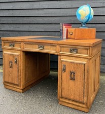 Art Deco Style Early 20th Century Heavy Solid Oak Kneehole Writing Desk