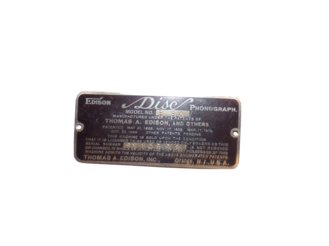 EDISON DIAMOND DISC B80 PHONOGRAPH ORIGINAL ID PLATE