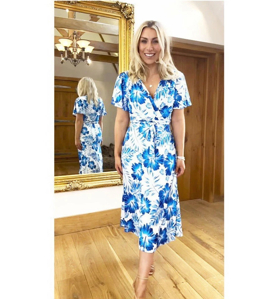 Azul Nuevo Floral Forrado Manga con Vuelos Rodilla Longitud Ajustado y Vestido - Imagen 3 de 4