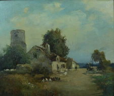 Painting Antique Landscape Animated Farm Low Courtyard Normandy 19ème Hst Frame