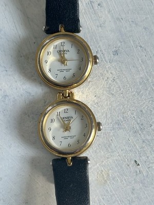 Geneva Black Leather Band 2 Dual Time Zones Wristwatch Watch Quartz