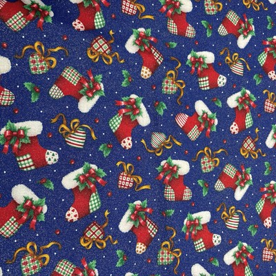 Cranston Print Christmas Stocking Hearts Cotton Fabric Gold Glitter 3 Yds Blue