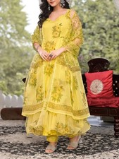 Light Yellow Hand Painted Floral Organza Anarkali Kurta Pant Dupatta Set