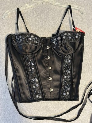 COQUETTE Satin Wire Cup Corset Beading & Embroidery Details Black Size Large NWT