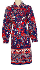 Red white blue paisley shirt dress XS long sleeve 1970s bandana floral TALBOTS