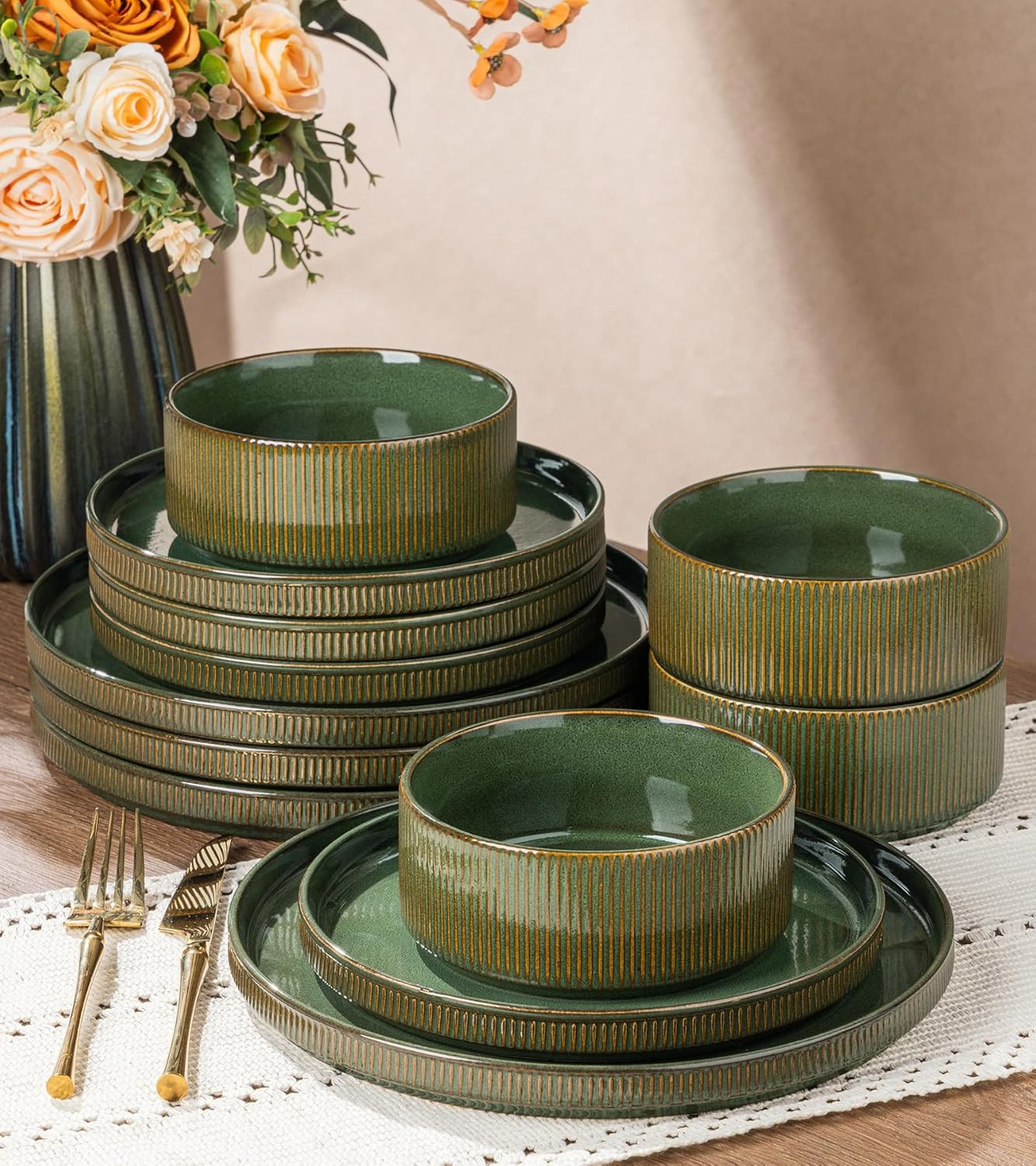 Sage Green Stoneware Dinnerware Set for 4, 12 Pieces, Microwave & Dishwasher Saf