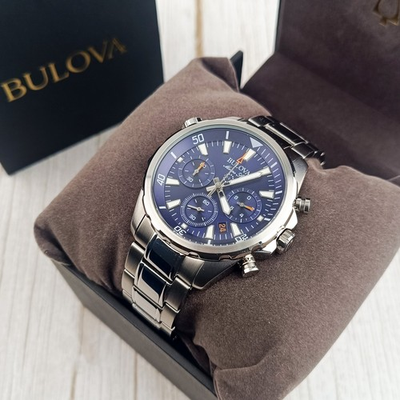 #ad Bulova Marine Star Chronograph Blue Dial 96B256 Men#x27;s Stainless Steel Watch 43mm $157.44