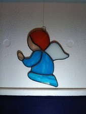 Vintage Stained Glass Praying Angel Sun Catcher 7" Tall Multicolor 6 Sections