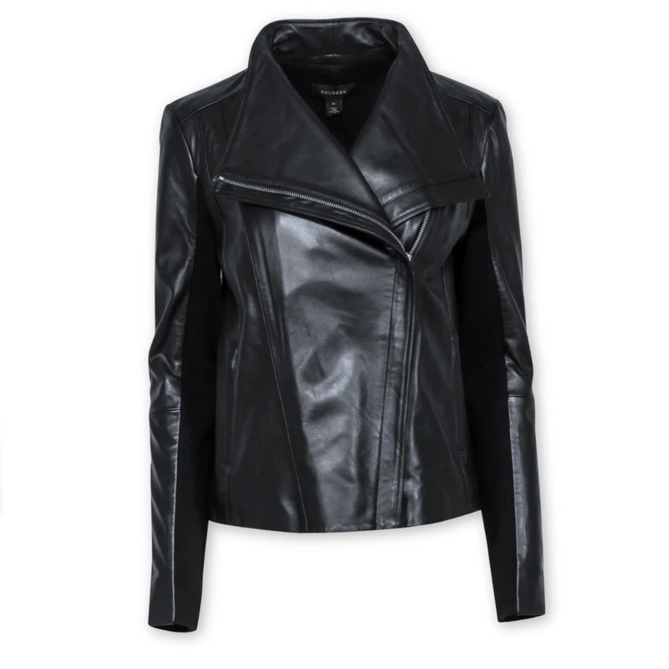 Halogen Genuine Leather Moto Jacket XS Black Biker Ribbed Sleeves MSRP $299 - Image 2 of 4