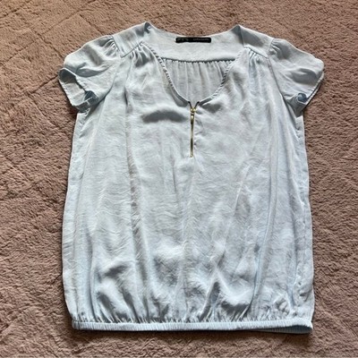 Zara Basic Baby Blue Lightweight Blouse Preppy Minimalist Capsule Office Size S