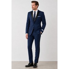 Calvin Klein Blue Tuxedo Suit 40L Contrast Black Satin Shawl Collar Formal