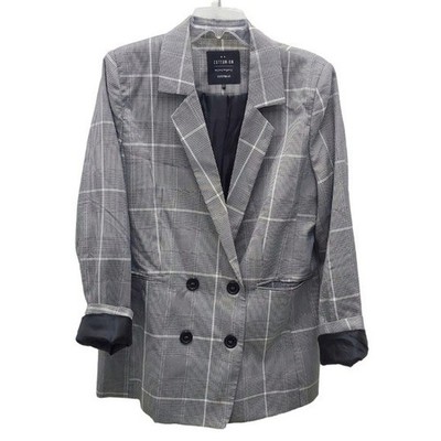 Plaid Blazer Grid Pane Houndstooth Pockets Double Breast