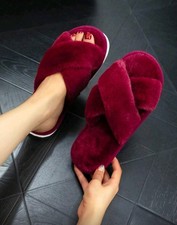 Red Fuzzy Open Toe Slippers for Women Memory Foam Size 10-11
