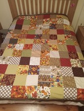 Fall Colors Quilt Top Hand Cut Machine Sewn New Cotton Granny Squares Full/Queen