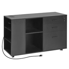 3 Drawer Wooden File Cabinet, Mobile Filing Cabinet with Power Strip, Lock