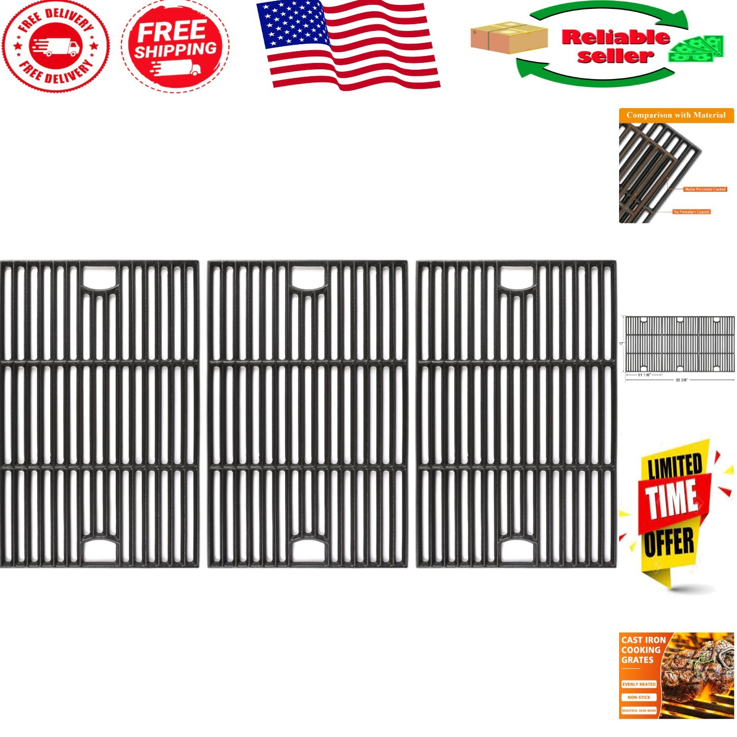 17-Inch Cast Iron Grill Grates for Nexgrill & Smoke Hollow -