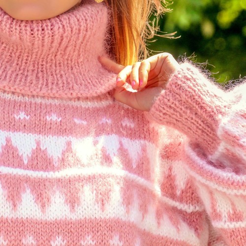 Pink Norwegian mohair sweater Nordic jumper hand knit fuzzy pullover SUPERTANYA - Picture 4 of 10