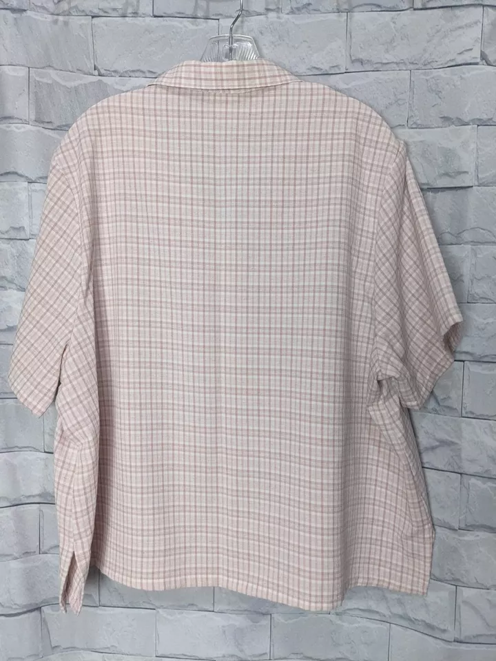 Camisa de manga corta a cuadros Bonworth vintage de mezcla de lino rosa y tostado claro para mujer  Foto 2 de 4