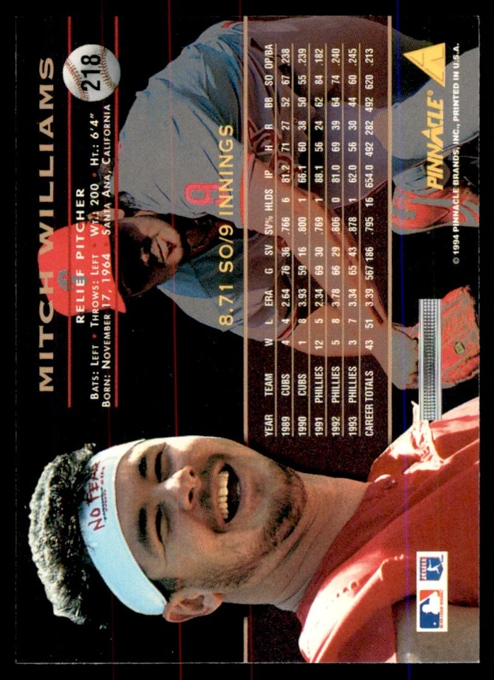 1994 PINNACLE MITCH WILLIAMS PHILADELPHIA PHILLIES #218 - Image 2 of 2