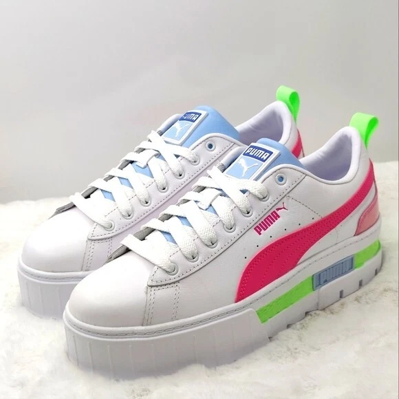 Puma Mayze stack sneakers in white/pink