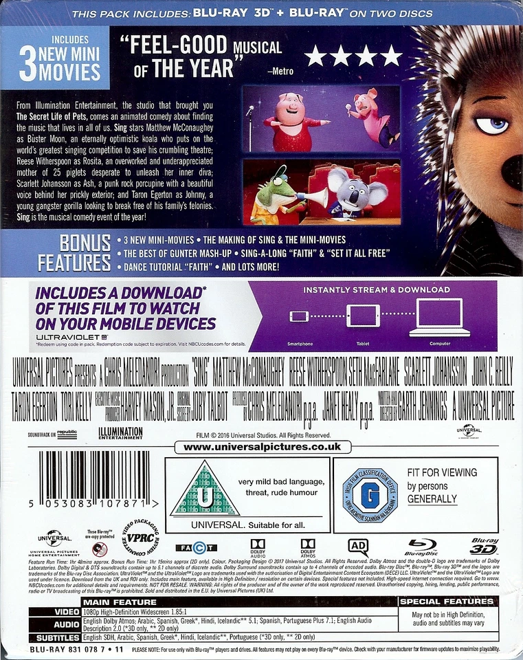 Sing (2016) 2-Disc Limited Special Edition 3D SteelBook (Region Free UK Import) - Image 2 of 2