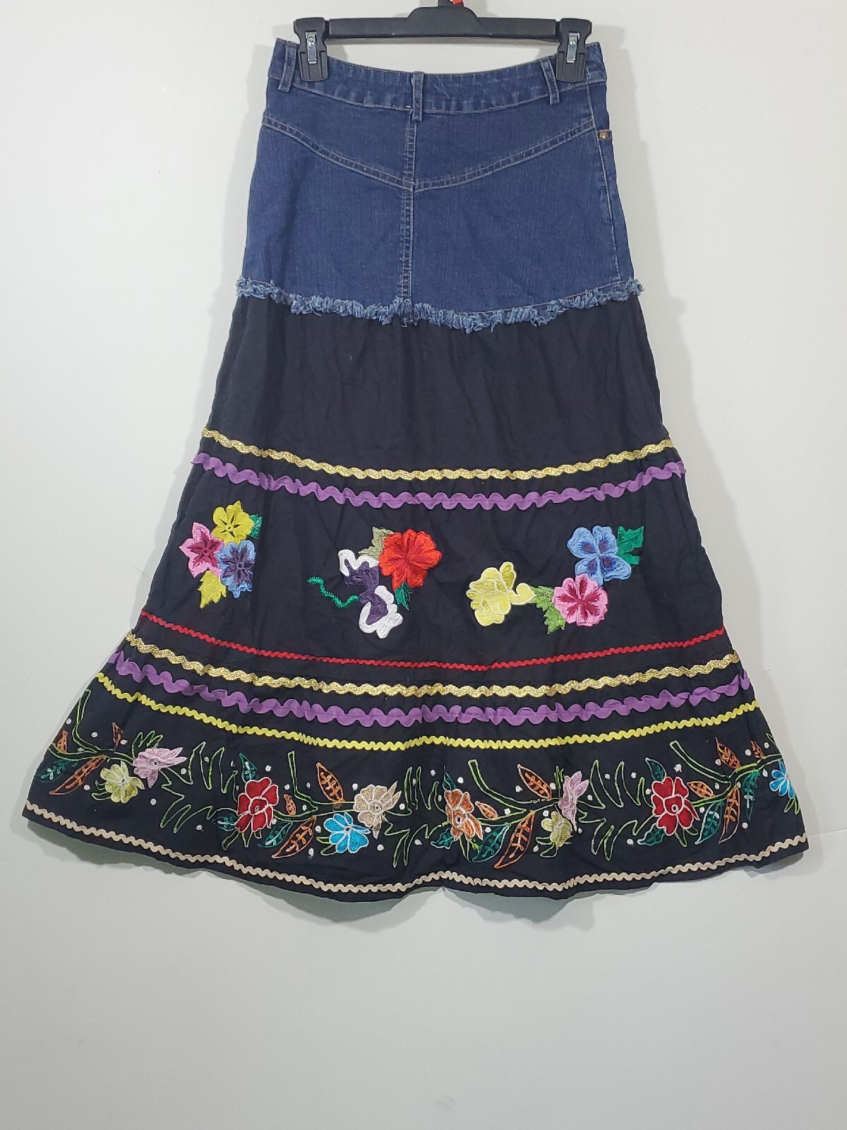 Soft Surroundings PXS Hippie Boho Embroidered Floral Mixed Media Long Jean Skirt image 6