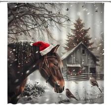 NEW/PKG farm horse Christmas Shower Curtain Waterproof Fabric w hooks