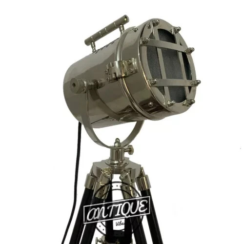 Nautical Replica Hub - Lampada Da Terra A Treppiede Vintage - Stile Industriale Con Riflettore - Cromo/Legno