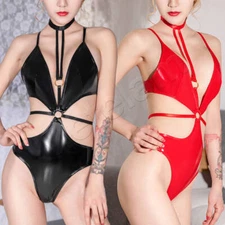 Women's Wetlook Shiny PVC Leather Bodysuit Hollow Out Leotard Party Club Catsuit