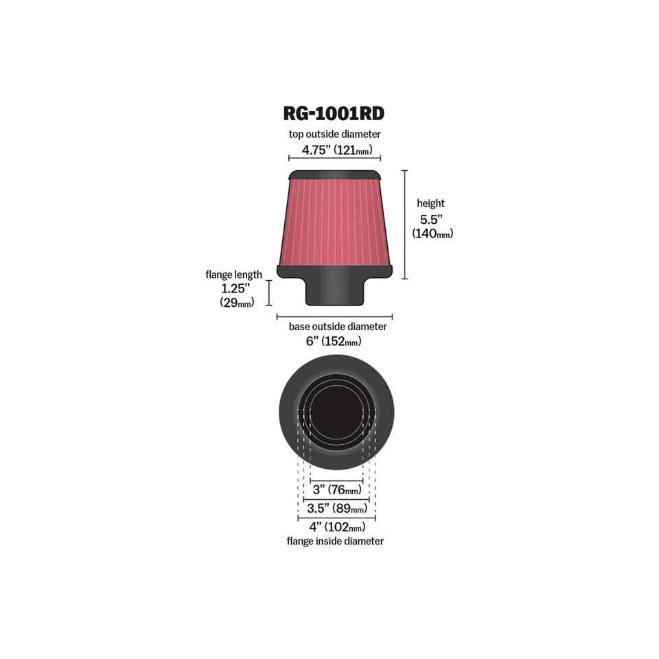 K&N 3" to 4" Round Tapered Universal Air Intake Cone Filter Chrome RG-1001RD - Image 4 of 4
