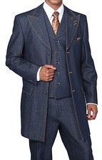 Men's Cotton Denim Three Button Fashion Suit w/ Vest 40L D. Blue