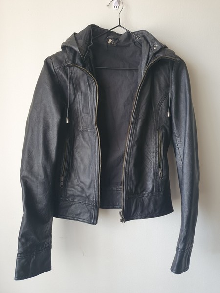 TOP SHOP Black Leather Removable Hood Biker Jacket Size 8