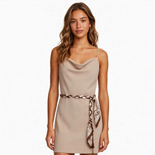 H&M Beige Solid Mini Dress Cowl Neck Sleeveless Strappy Tie Belt S