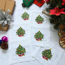 Embroidered White Cocktail Napkins 6"X6" Set of 6 Cloth Napkin Coasters, Christm