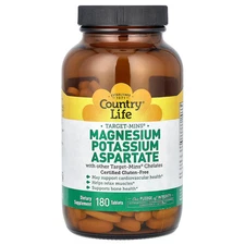 Country Life Magnesium Potassium Aspartate 180 Tablets Gluten-Free, GMP Quality