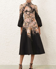 ZIMMERMANN NEW Illustration Black Pink Floral Print Linen Belted Midi Dress 0
