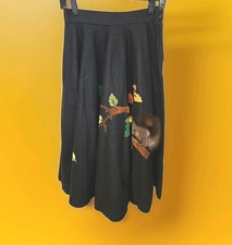 1950's Black Felt Circle Skirt with Embroidered Squirrel Design, W26" L31"