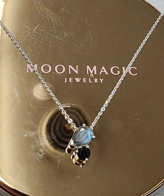 Mond Magie Labradorit & Obsidian Toi Et Moi Halskette 14''+2'' Sterlingsilber