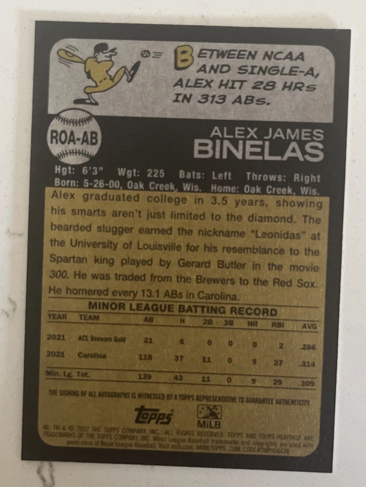 2022 Topps Heritage Minor League Edition - Real One Autographs Alex Binelas... - Image 2 of 2