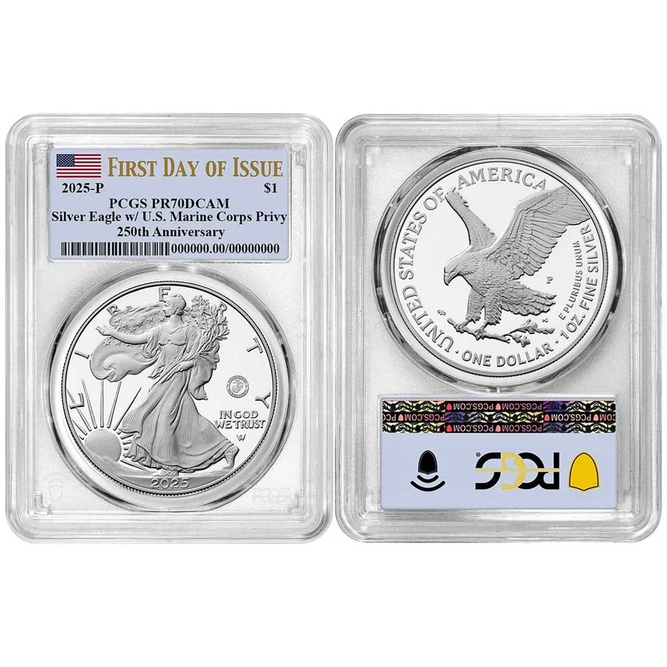 Preventa - Prueba 2025-P $1 American Silver Eagle Marine Corps Privado PCGS Foto 3 de 3