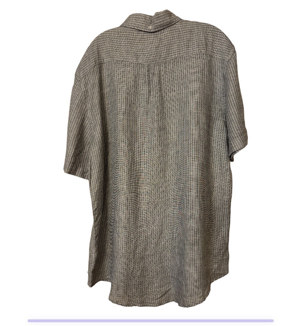 Vintage Saks Fifth Avenue Men Button Down Gray Stripe Linen Short Sleeve Shirt