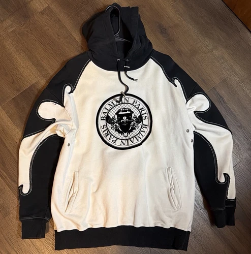 Balmain Men's Cotton Fleece Black/White Graphic Logo Pullover Hoodie Pockets M - product listing photo