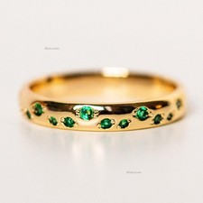 Zambian Emerald Thick Bnad Ring, Solid 14k Yellow Gold Dainty Handmade Jewelry