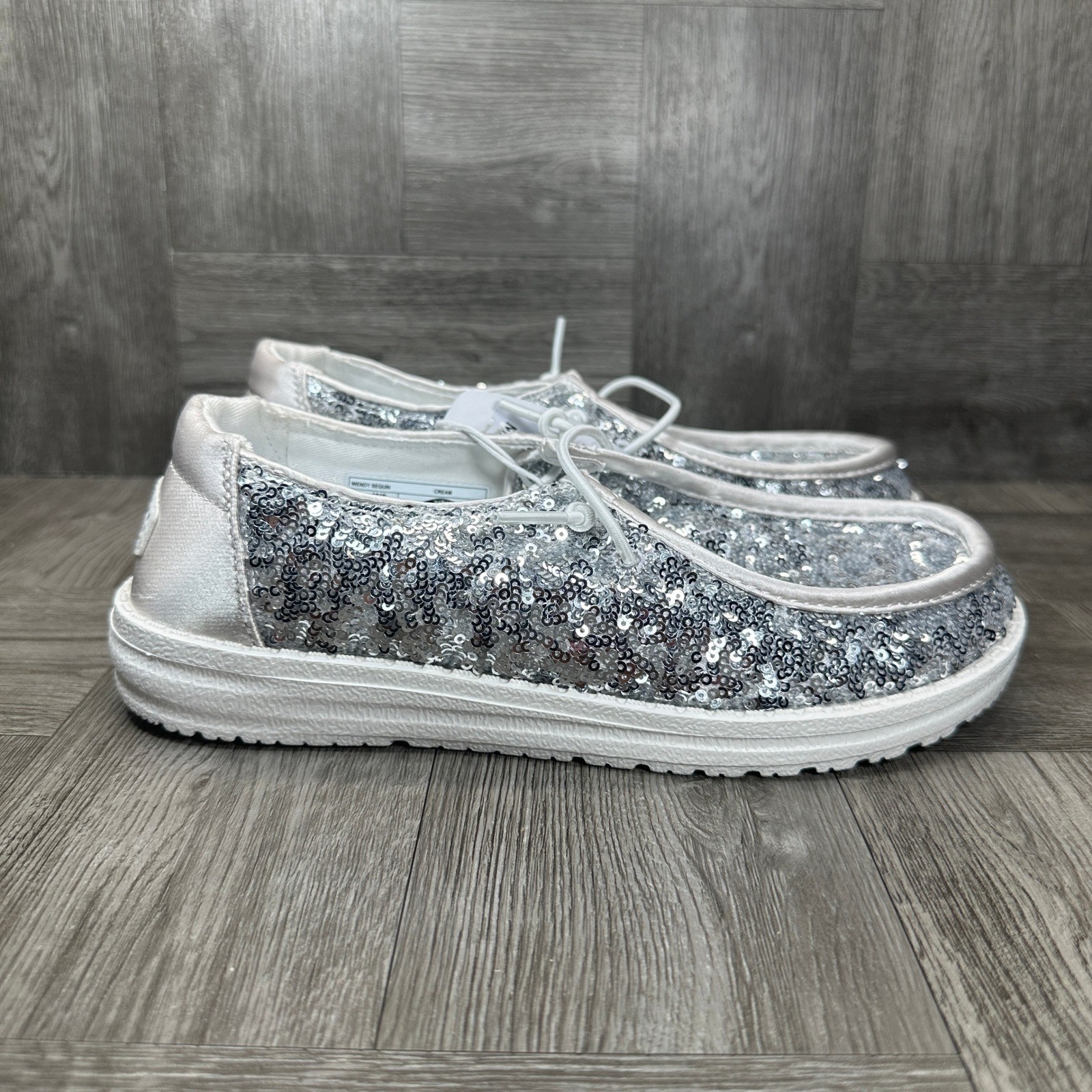 Hey Dude Wendy Sequin Women Size 6 Cream Silver Sparkle Slip On NEW