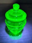 Anchor Hocking Block Optic Green Uranium Glass Footed Candy Dish 6.5"
