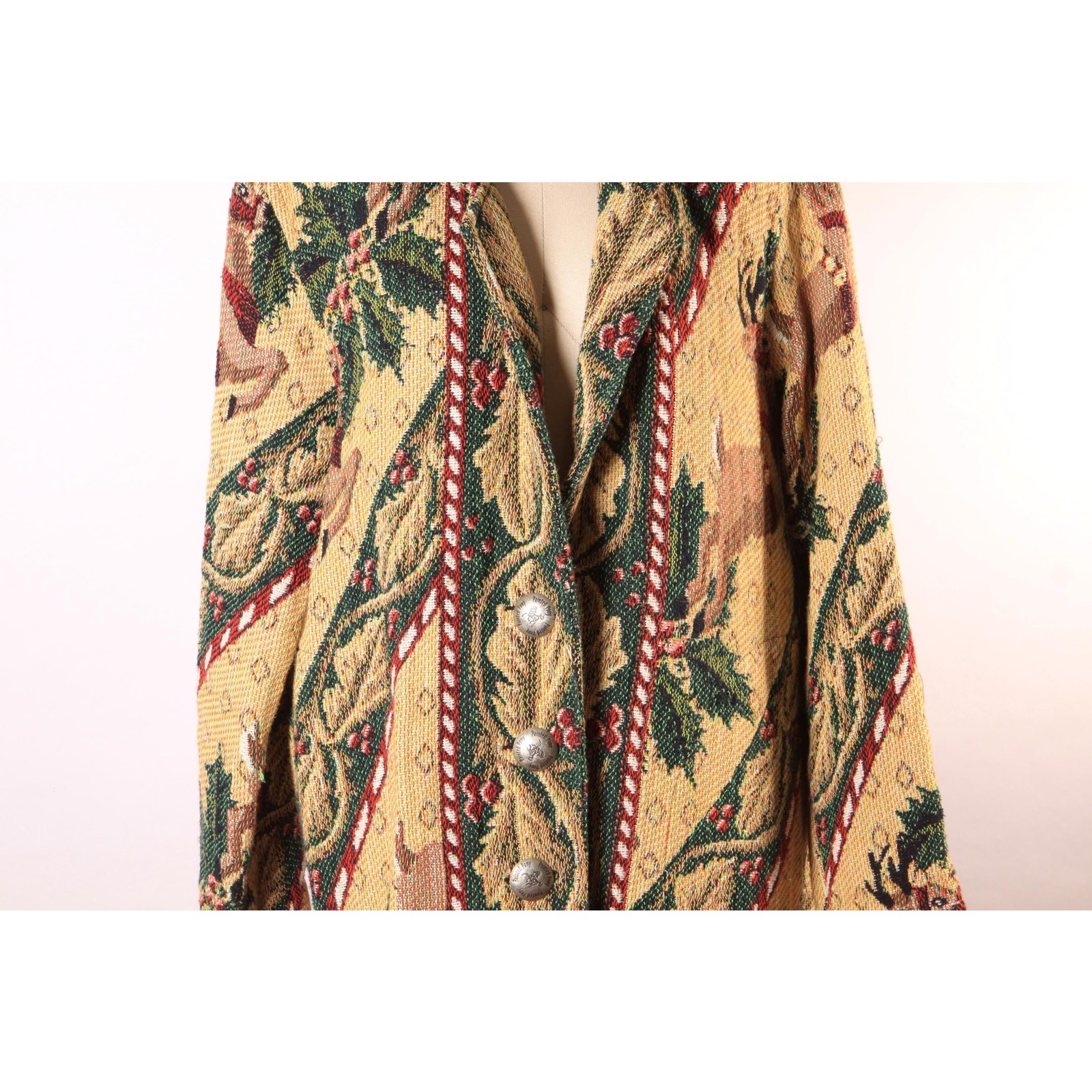 1980s 1990s Tan Red Green Novelty Deer Christmas Tapestry Jacket by Painted Pony