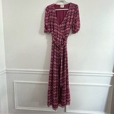 Sezane Calypso Wrap Maxi Dress in Ikat Bordeaux size 36 FR (US 4) Puff Sleeves