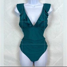 New Womens One Piece Ruffled Teal Plunge Neckline Swimsuit / medium