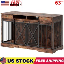 63 inch Wooden Double Dog Crate for 2 Dogs TV Stand Dog Kennel w/ Sliding Door