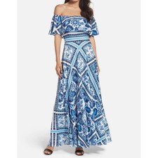 Eliza J Off-The-Shoulder Printed Maxi Dress // 6 Petite